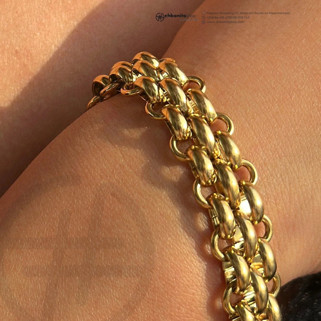 BIANCA - PULSEIRA TRÍADE ELO PORTUGUES banho Ouro 18k - EhbonitoshopMoz