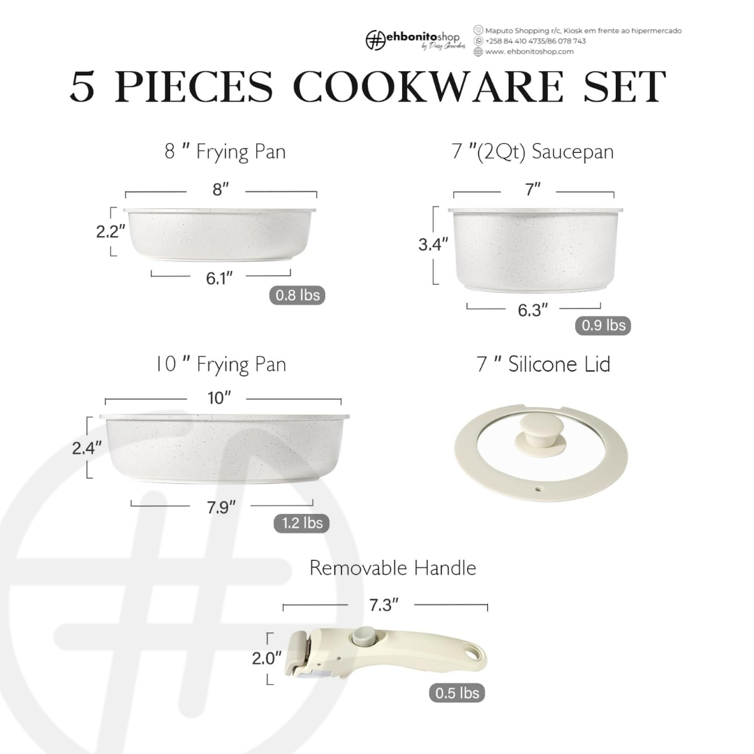 Conjunto de Panelas Antiaderentes com Cabo Removível, Compatível com Indução e Forno - EhbonitoshopMoz