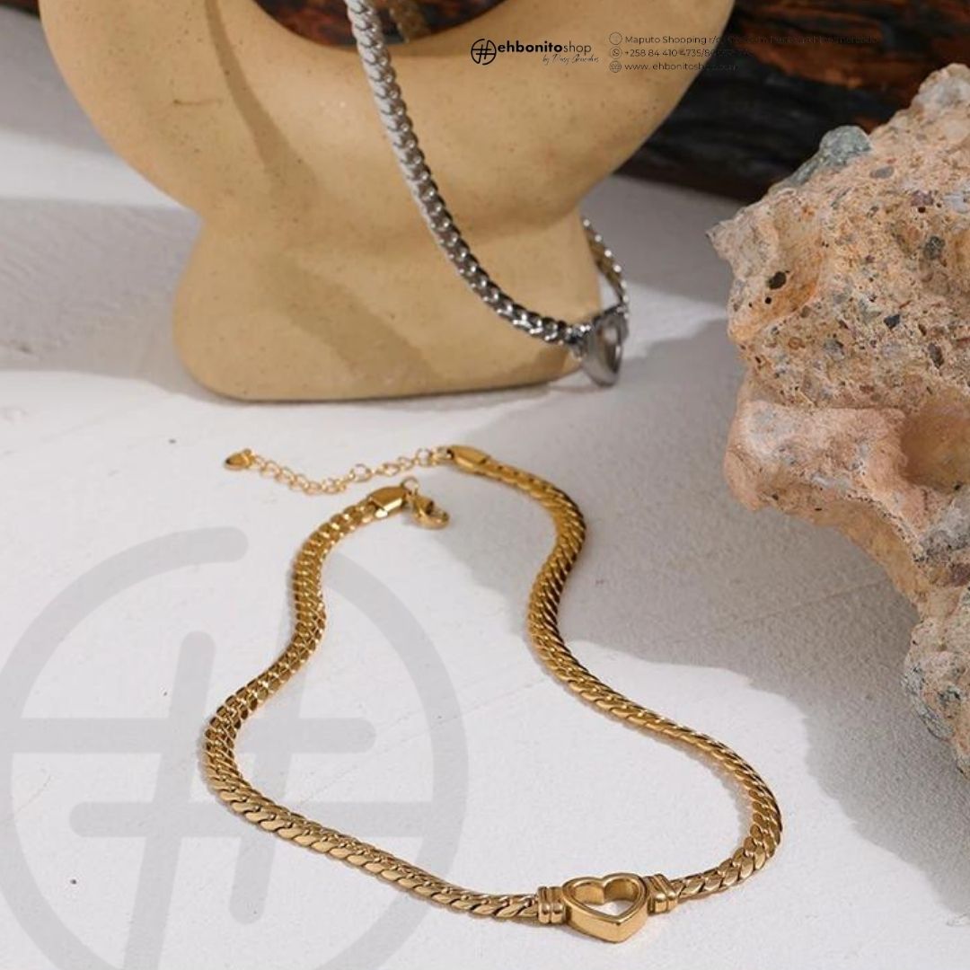Shelly - Colar e Pulseira em corrente unido por um coração banhado a ouro de 18k - EhbonitoshopMoz
