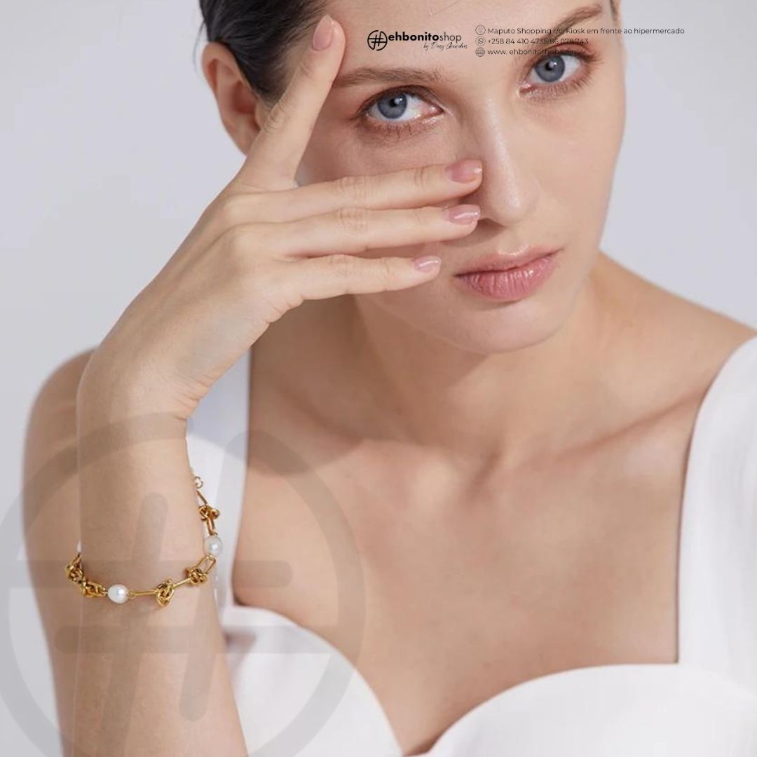 Nó de Pérolas - PULSEIRA E COLAR - CORRENTE EM NÓS E PÉROLAS banho Ouro 18k - EhbonitoshopMoz