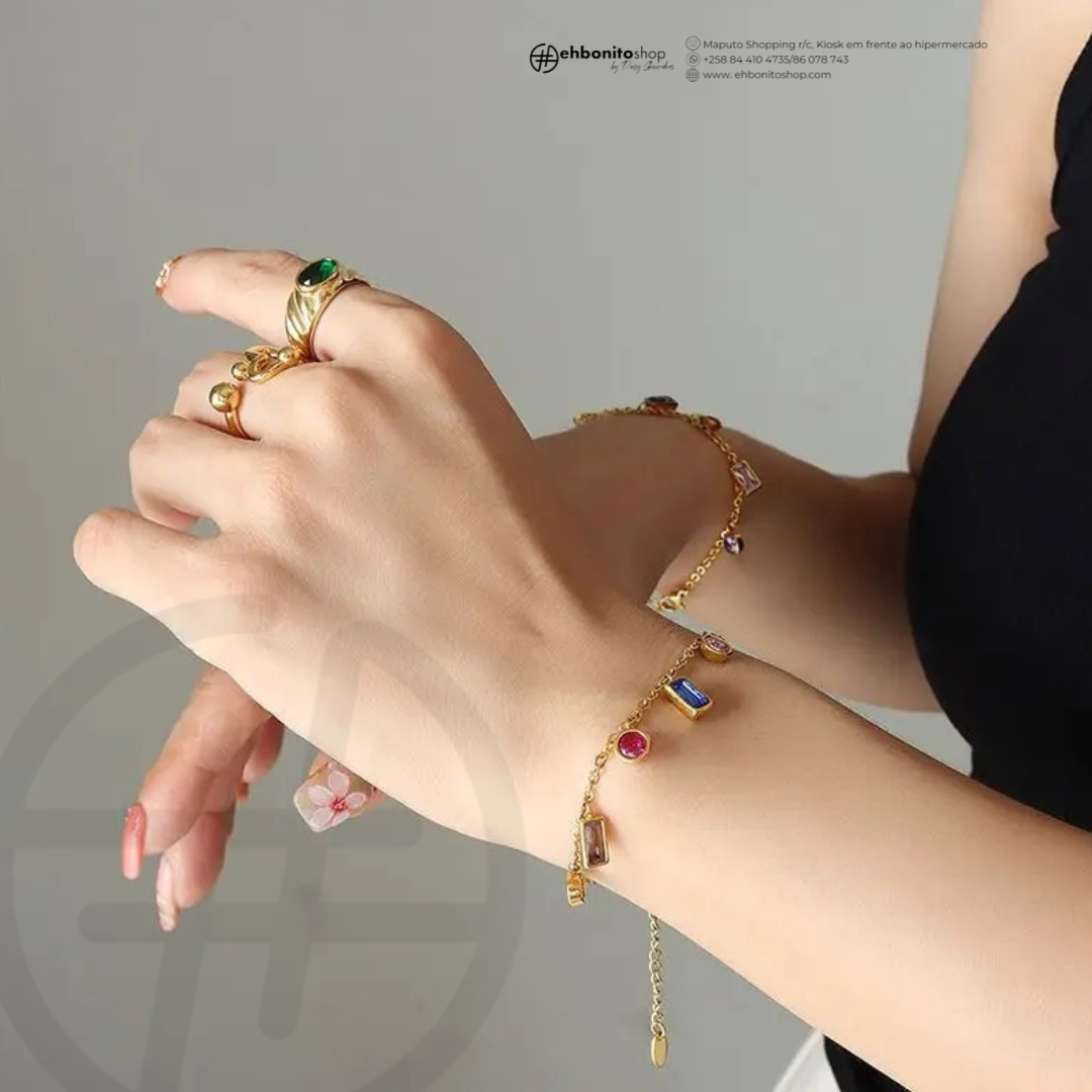 SOFIA- PULSEIRA COM ZIRCONIAS COLORIDAS banho Ouro 18k - EhbonitoshopMoz
