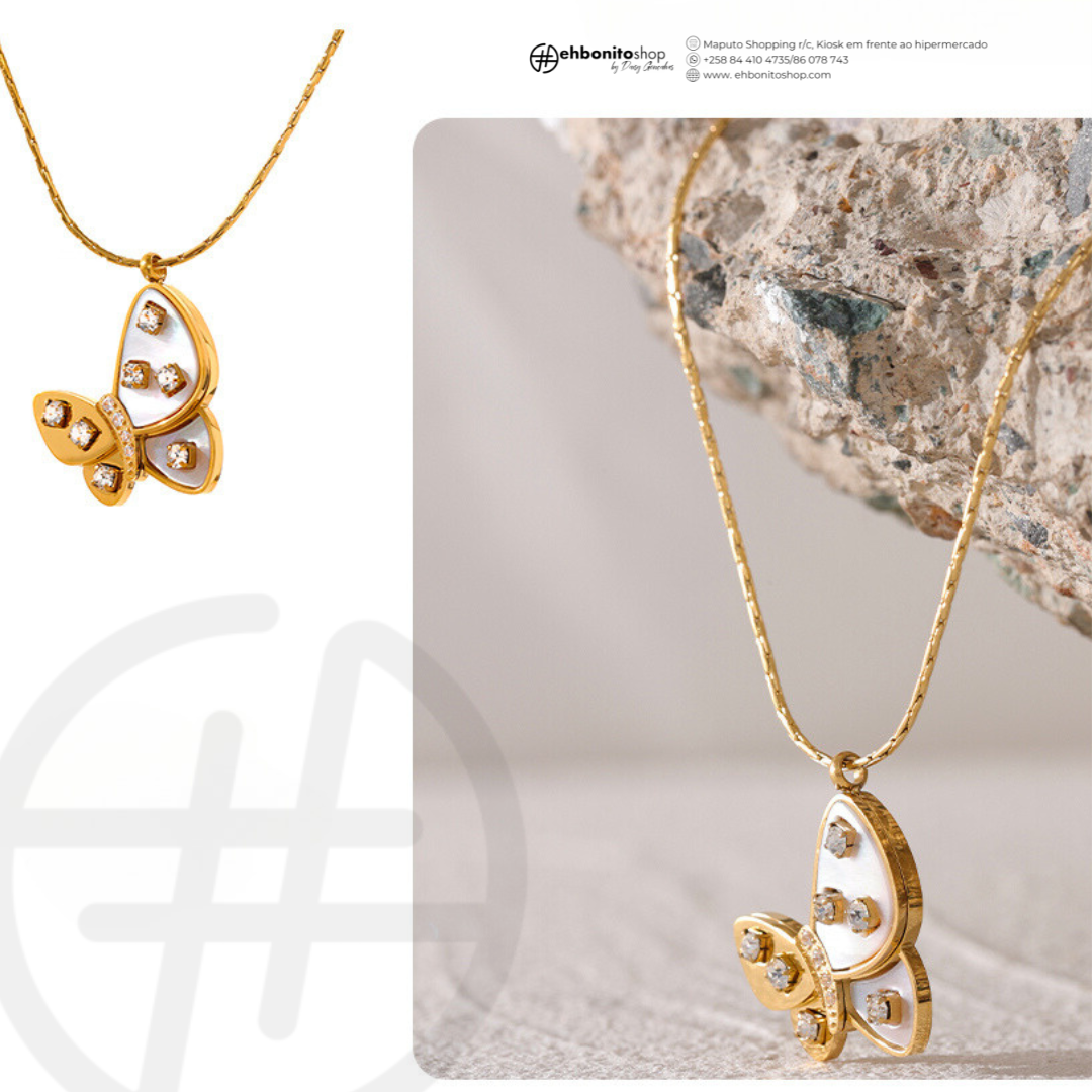 MARIPOSA MARINA- COLAR COM PINGENTE BORBOLETA banho Ouro 18k - EhbonitoshopMoz