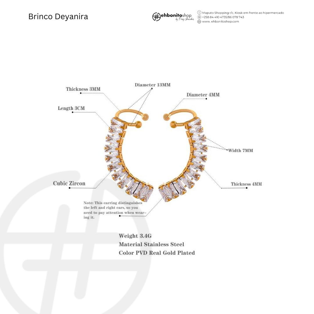 DEYANIRA - BRINCO com Zirconias, encaixe no lóbulo banhado a ouro de 18k - EhbonitoshopMoz