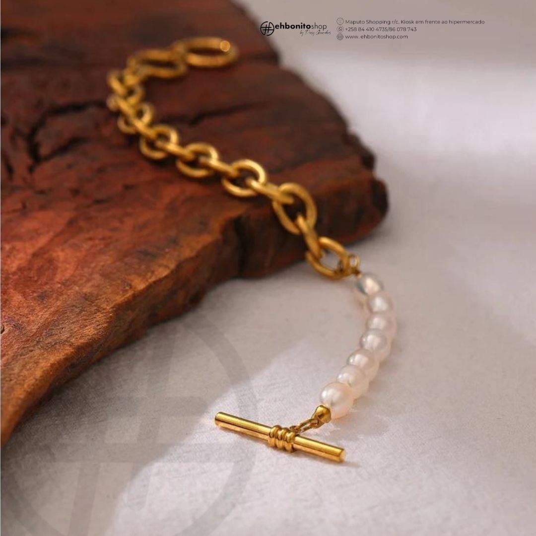 Margareth - Pulseira de corrente e pérolas banho de ouro 18k - EhbonitoshopMoz