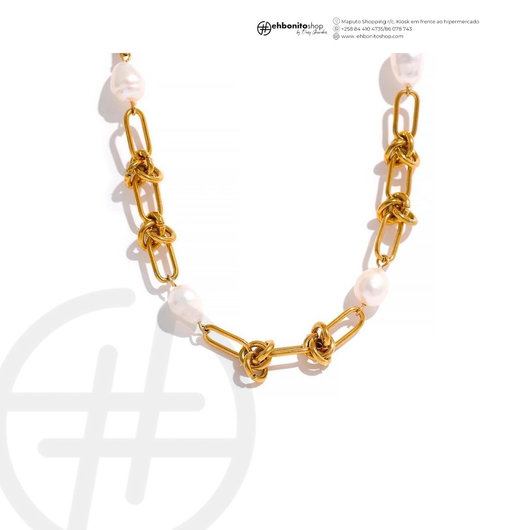Nó de Pérolas - PULSEIRA E COLAR - CORRENTE EM NÓS E PÉROLAS banho Ouro 18k - EhbonitoshopMoz