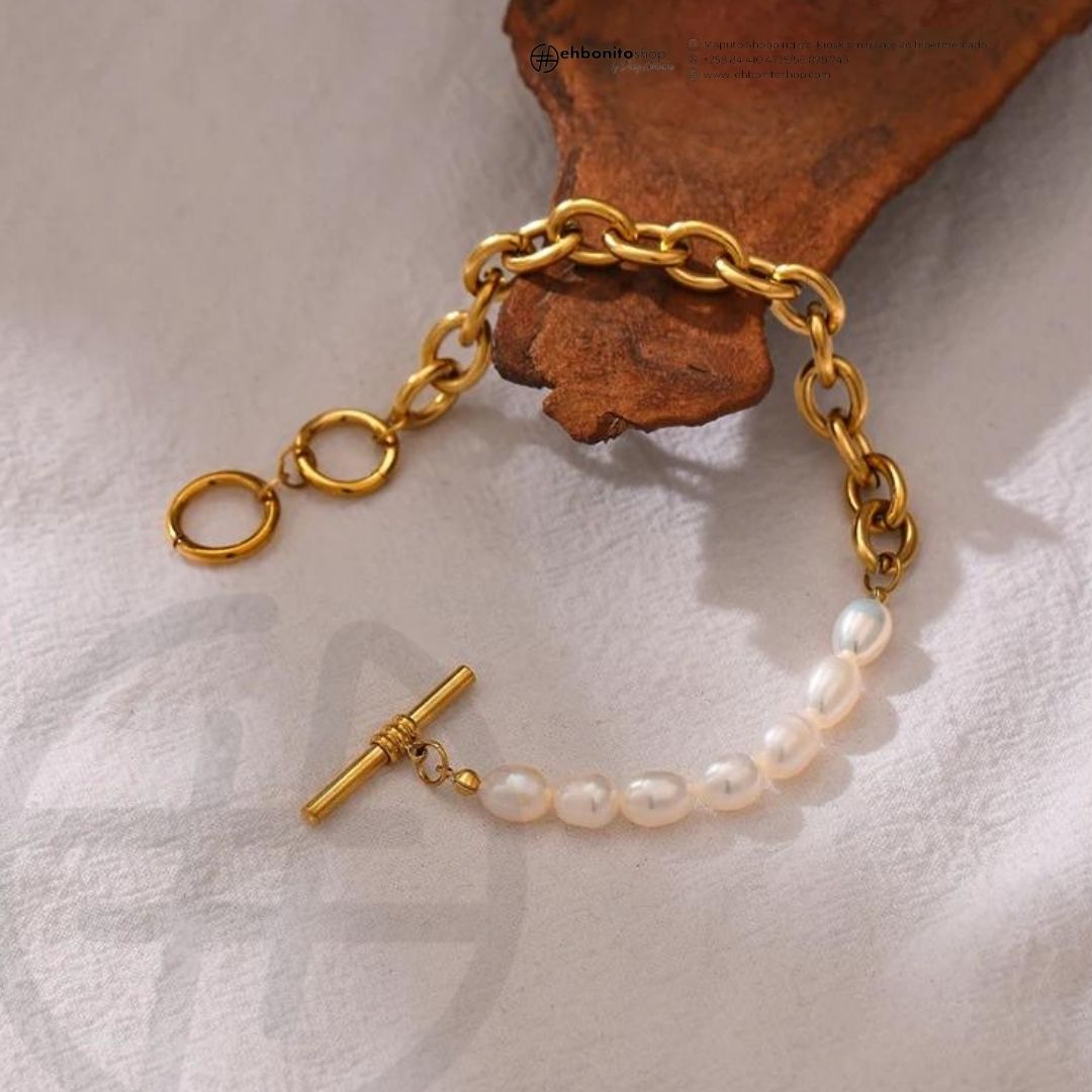 Margareth - Pulseira de corrente e pérolas banho de ouro 18k - EhbonitoshopMoz