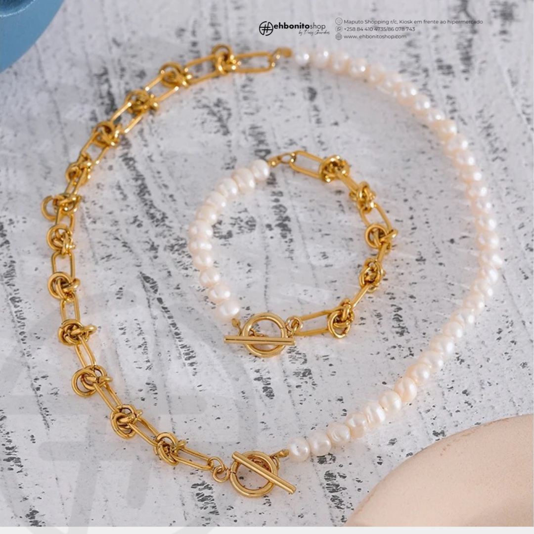 KATIA - COLAR PÉROLA E NÓS banho Ouro 18k - EhbonitoshopMoz