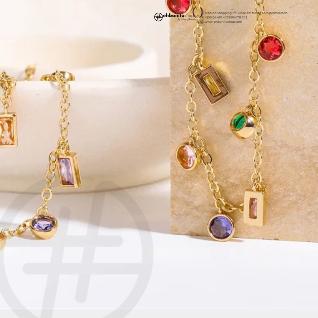 SOFIA- PULSEIRA COM ZIRCONIAS COLORIDAS banho Ouro 18k - EhbonitoshopMoz