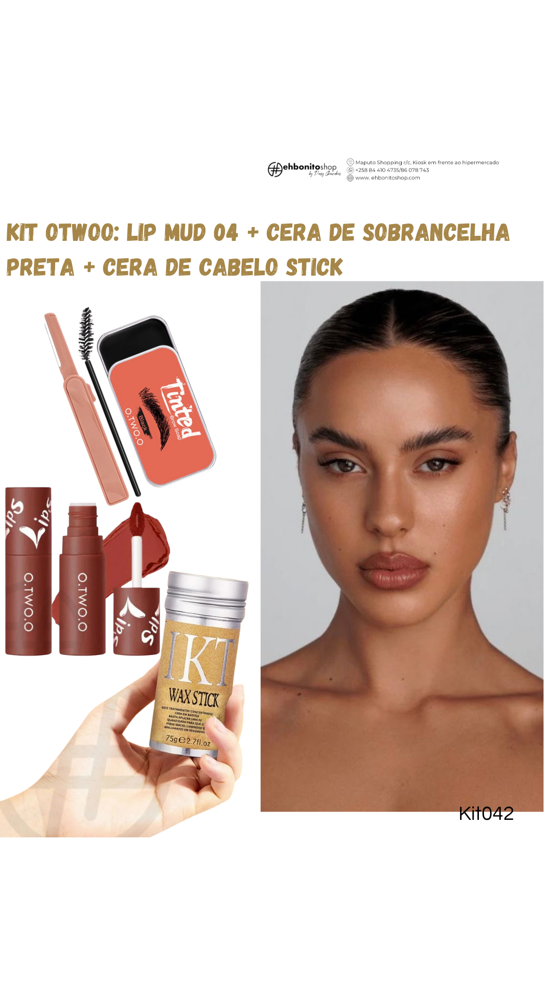 Kit Otwoo: Lip Mud + Cera de sobrancelha Preta + Cera de cabelo em stick