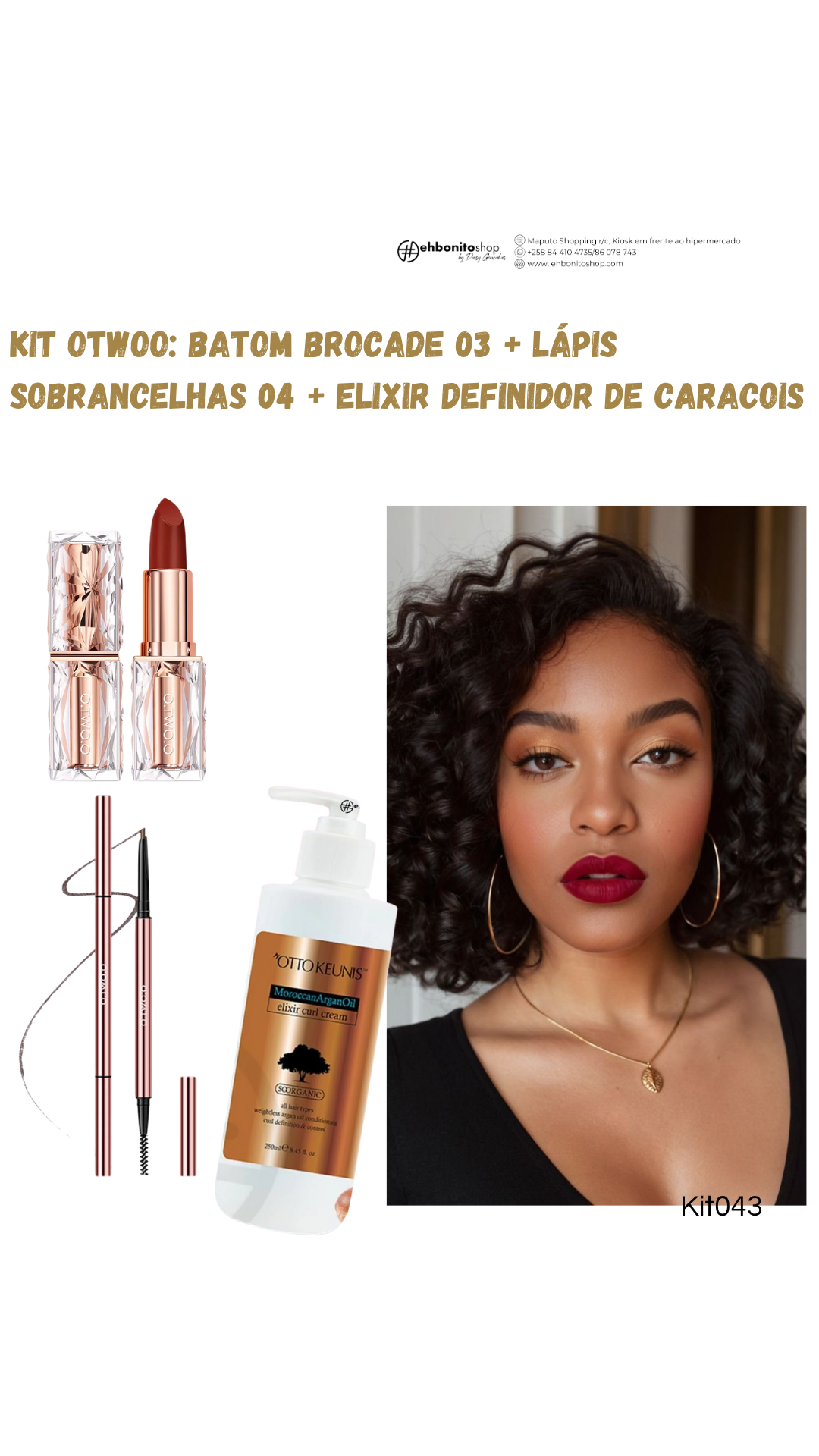 Kit Otwoo: Batom Brocade +Lapis de sobrancelha 04 + Elixir Definidor de cachos