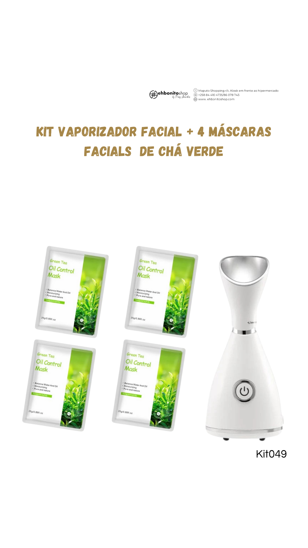 Kit Vaporizador Facial + 4 Máscaras em folha de chá verde ( para pele oleosa)