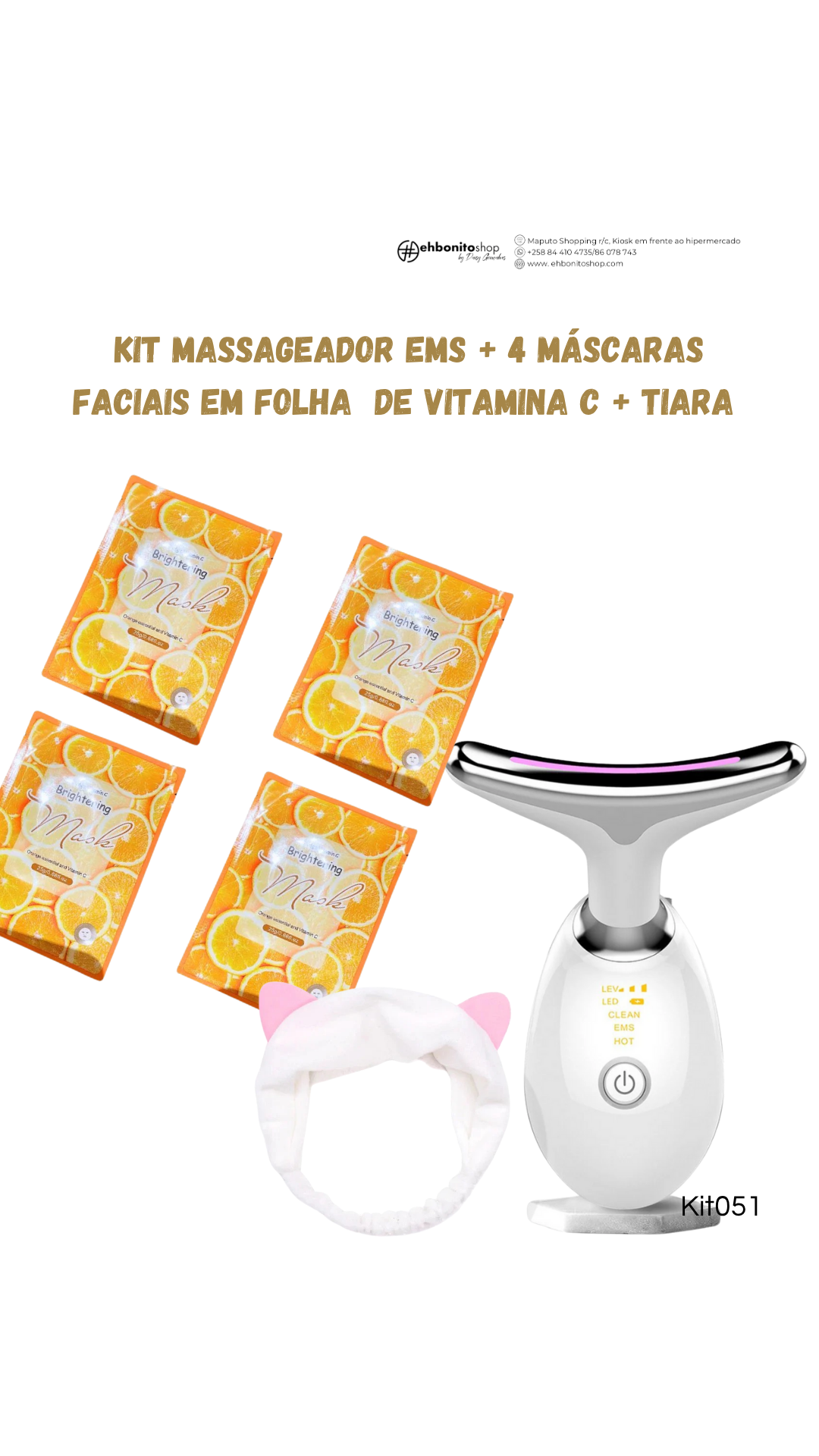 Kit massageador EMS + 4 máscaras faciais de vitamina C + Tiara gatinho
