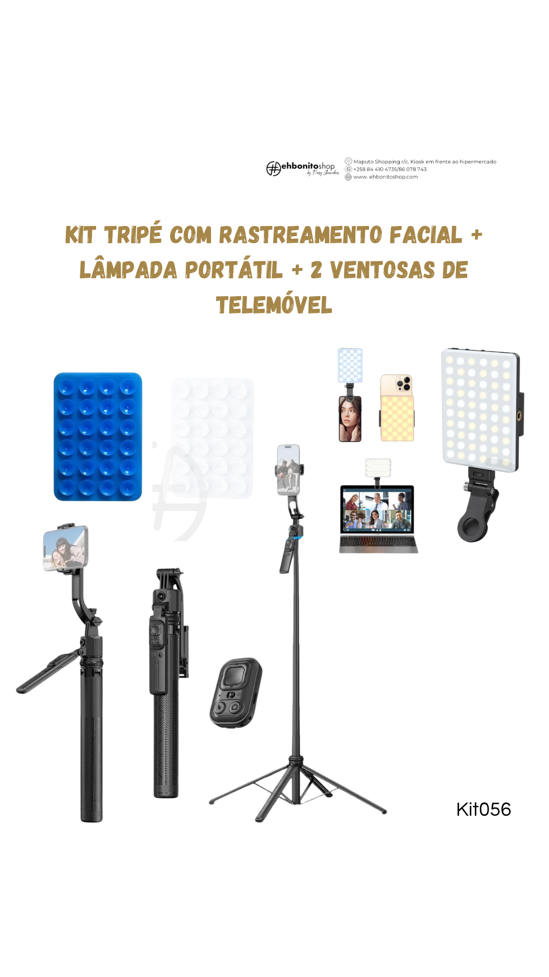 Kit Tripé quadrapod com rastreamento facial + lâmpada portátil + 2 ventosas de telemóvel