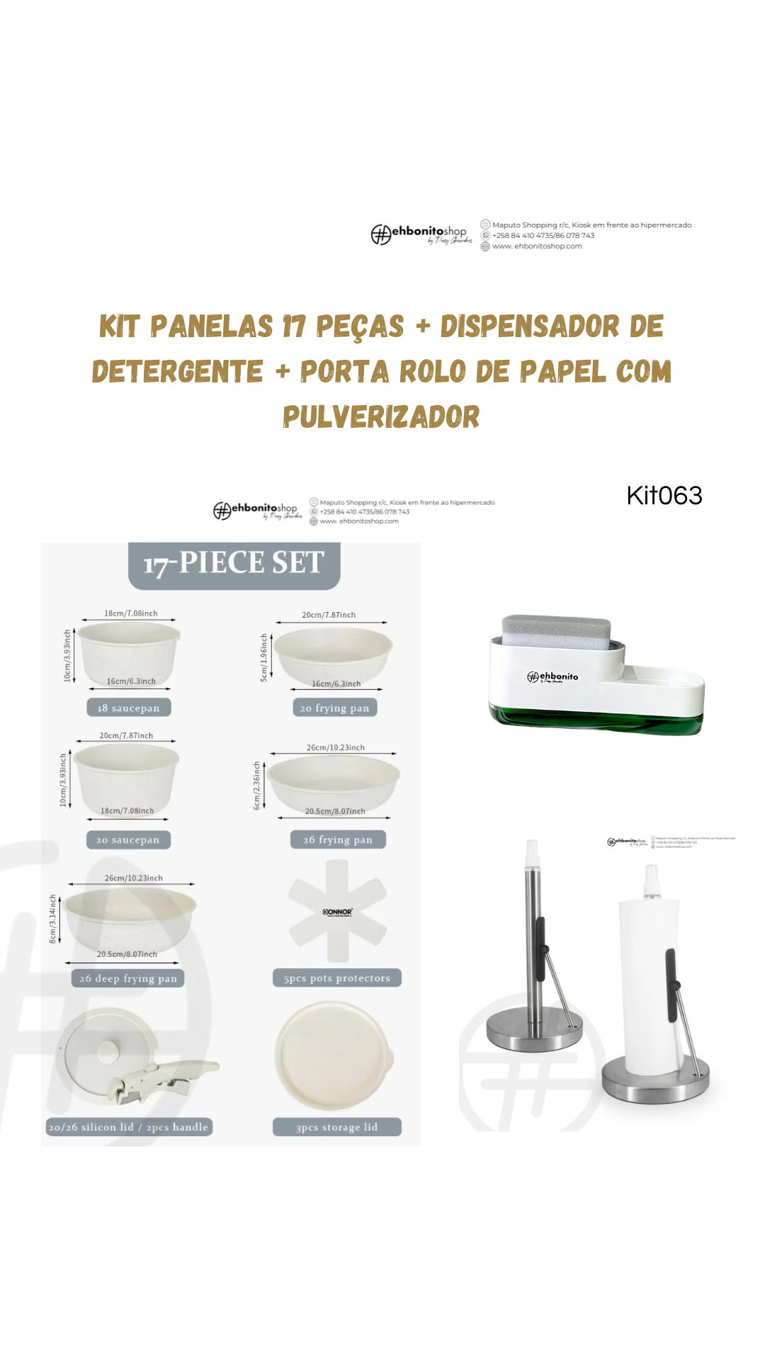 Kit Panelas 17 peças + Dispensador de Detergente + Porta Rolo de papel