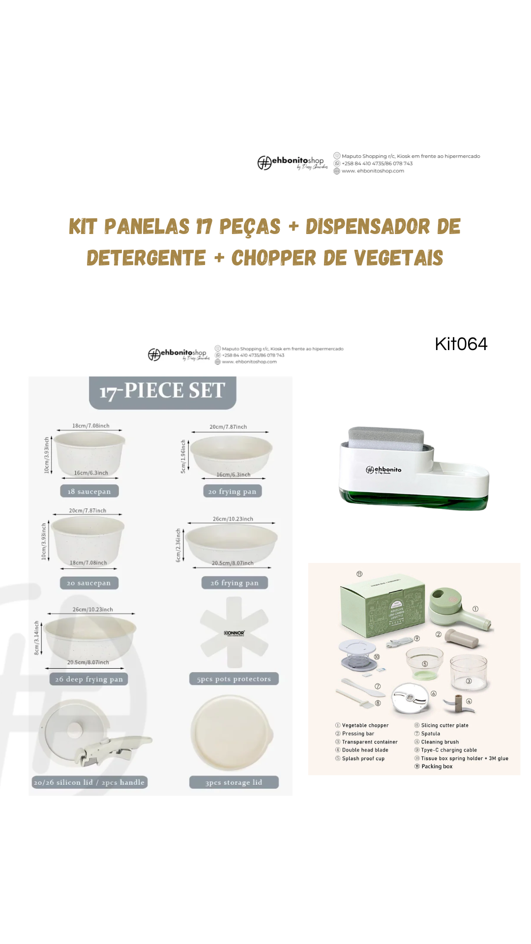 Kit Panelas 17 peças + Dispensador de Detergente + Chopper de vegetais