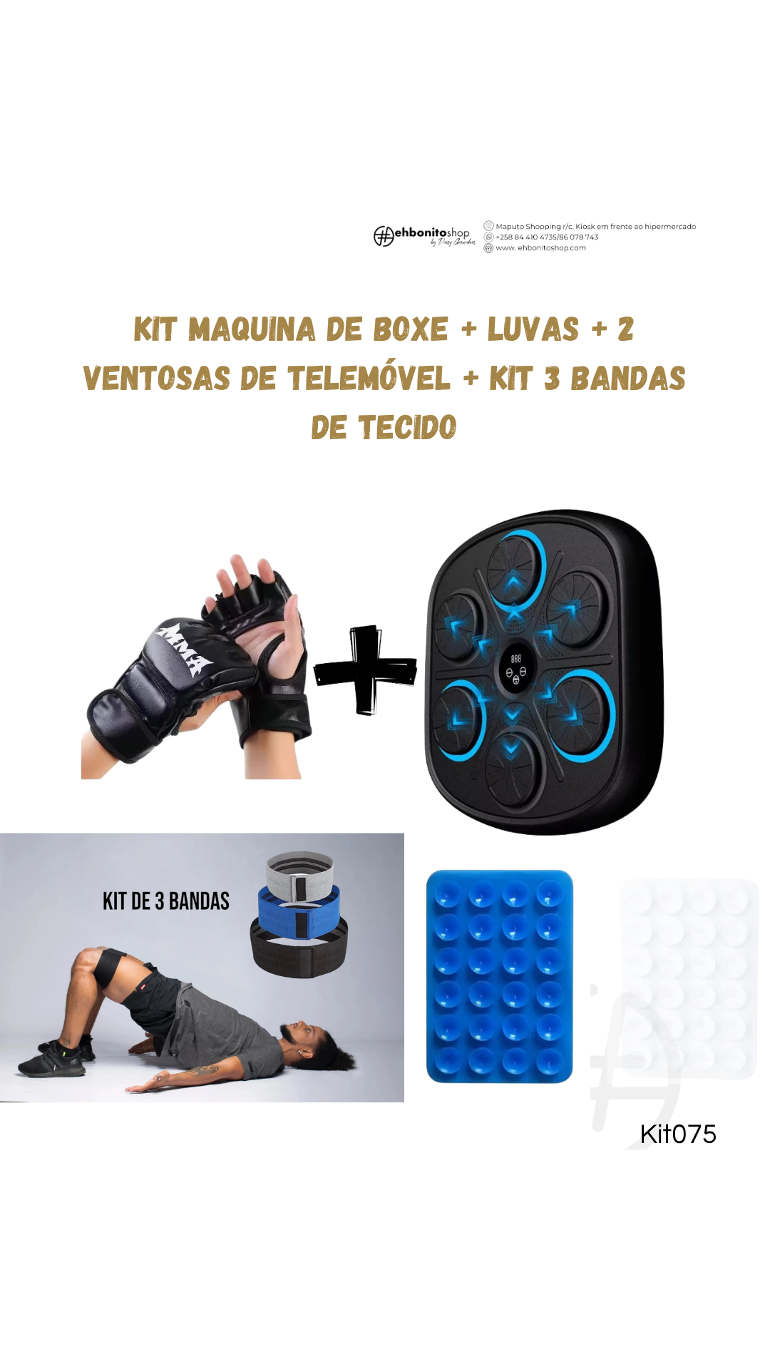 Kit Máquina de Boxe + Luvas + 2 ventosas + Kit 3 bandas de treino ( booty band)