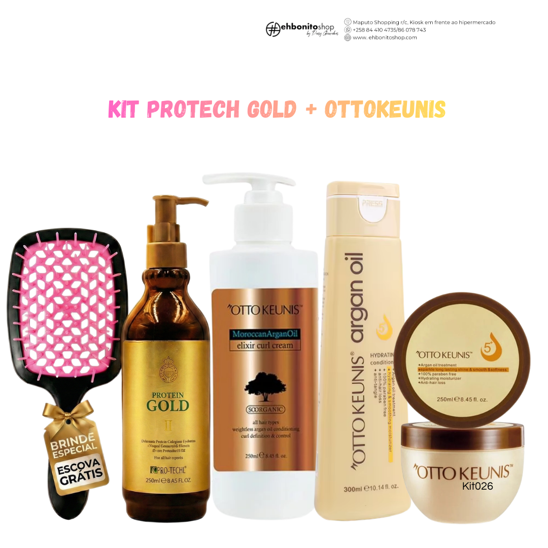 Kit Protech Queratina Gold + Condicionador + Mascara Capilar + Otto Definidor de cachos + Escova (Brinde)
