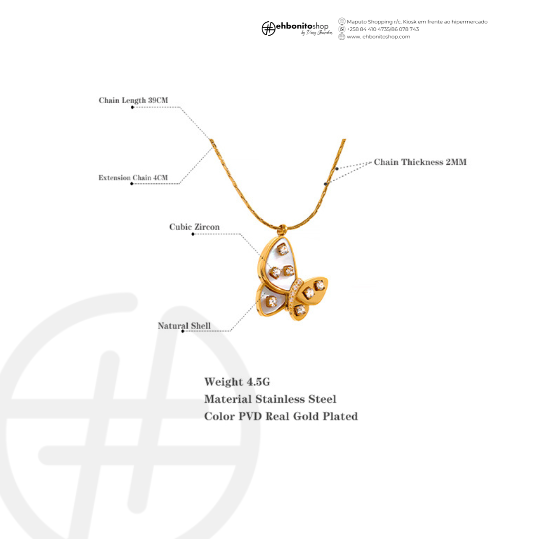 MARIPOSA MARINA- COLAR COM PINGENTE BORBOLETA banho Ouro 18k - EhbonitoshopMoz