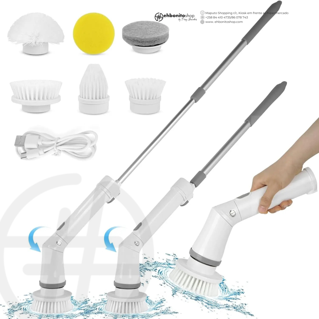 Esfregão Elétrico com Cabo Extensível e 6 Escovas Intercambiáveis – Limpeza Sem Fios para Toda a Casa - EhbonitoshopMoz