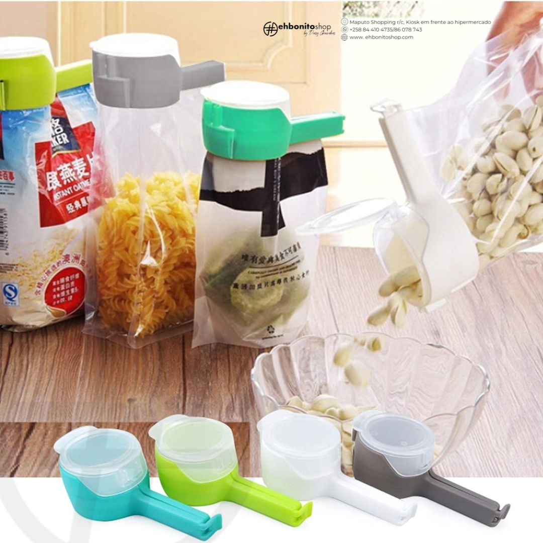 Conjunto de 4 Prendedores de Saco com Bico Vertedor, Prendedores para Sacos de Lanches com Tampa de Despejo, Seladores Reutilizáveis de Plástico para Alimentos - EhbonitoshopMoz