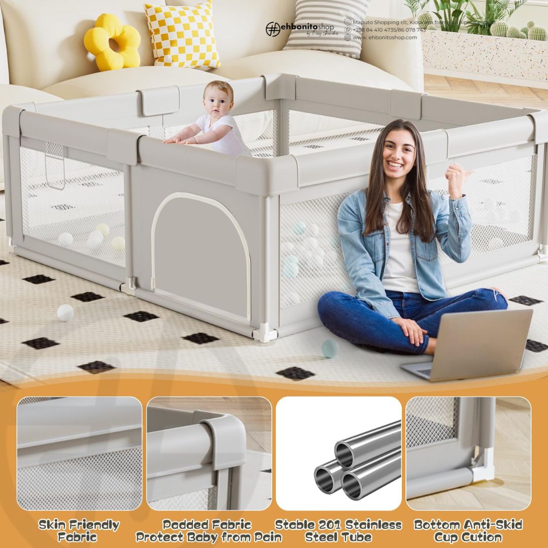 PRÉ VENDA: Cercado para Bebê 2X2m, Cercadinhos para Bebês e Crianças Pequenas, Grade de Segurança com Tela Respirável e Sistema Antiqueda para Uso Interno e Externo - EhbonitoshopMoz