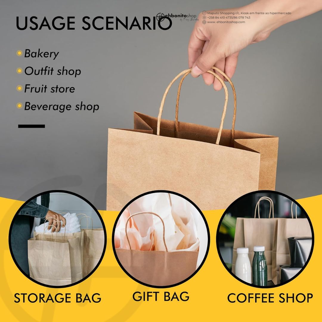 Sacos de Papel Kraft com Alças - Pacote com 10 Unidades | Sacolas de Presente, Sacolas para Festas, Compras, Lembrancinhas e Uso em Lojas - EhbonitoshopMoz