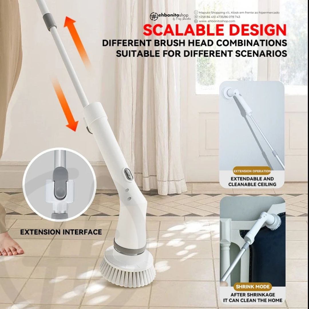 Esfregão Elétrico com Cabo Extensível e 6 Escovas Intercambiáveis – Limpeza Sem Fios para Toda a Casa - EhbonitoshopMoz