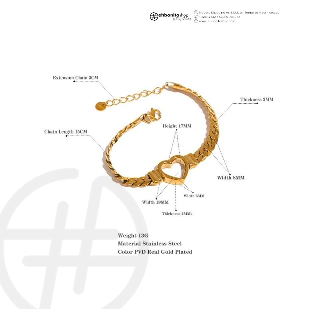 Shelly - Colar e Pulseira em corrente unido por um coração banhado a ouro de 18k - EhbonitoshopMoz