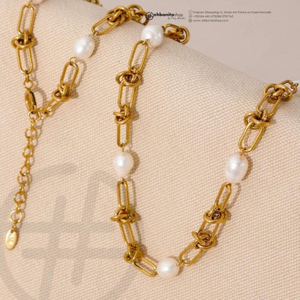 Nó de Pérolas - PULSEIRA E COLAR - CORRENTE EM NÓS E PÉROLAS banho Ouro 18k - EhbonitoshopMoz