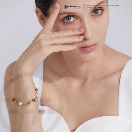 Nó de Pérolas - PULSEIRA E COLAR - CORRENTE EM NÓS E PÉROLAS banho Ouro 18k - EhbonitoshopMoz