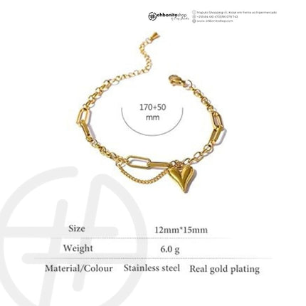Rudith - Pulseira com correntes entrelaçadas com pingente de coração banhado a ouro de 18k - EhbonitoshopMoz