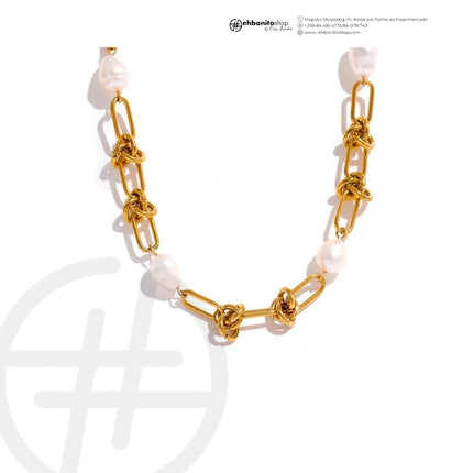 Nó de Pérolas - PULSEIRA E COLAR - CORRENTE EM NÓS E PÉROLAS banho Ouro 18k - EhbonitoshopMoz