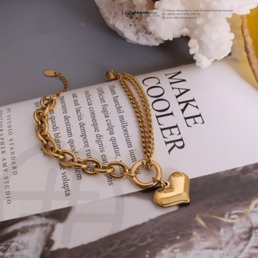 Judith - pulseira com corrente dupla com pingente de coração banhado a ouro de 18k