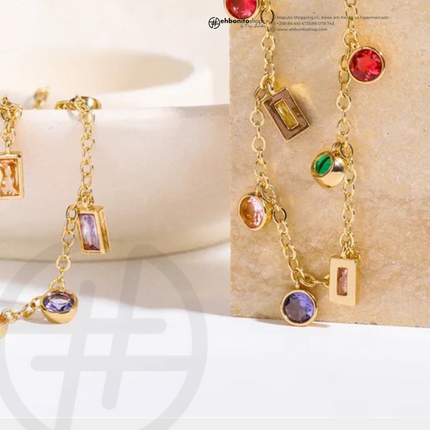 SOFIA- PULSEIRA COM ZIRCONIAS COLORIDAS banho Ouro 18k - EhbonitoshopMoz
