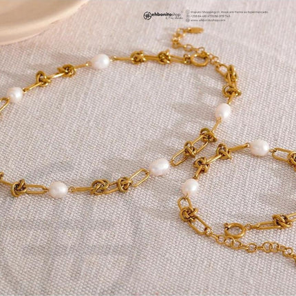Nó de Pérolas - PULSEIRA E COLAR - CORRENTE EM NÓS E PÉROLAS banho Ouro 18k - EhbonitoshopMoz