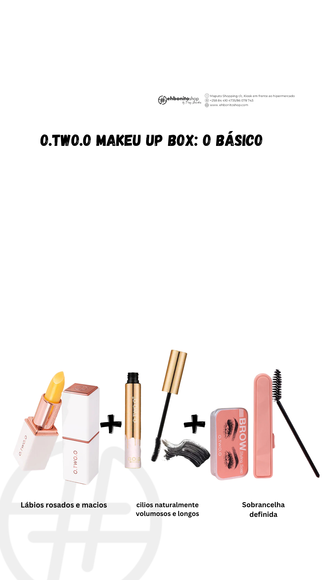 Kit Otwoo makeup Box: O básico - Lip balm + Gold mascara + Cera de sobrancelha