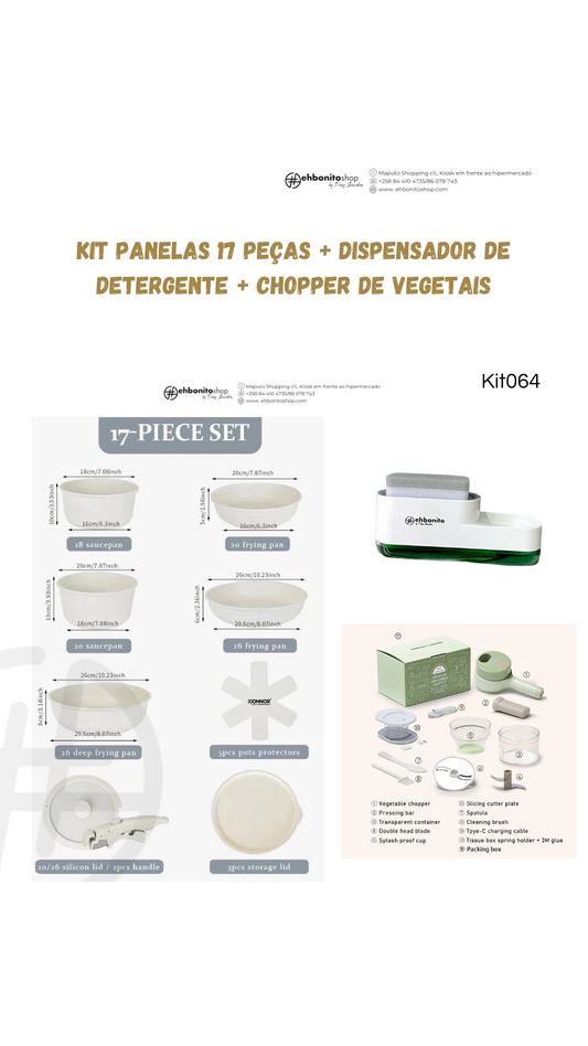 Kit Panelas 17 peças + Dispensador de Detergente + Chopper de vegetais