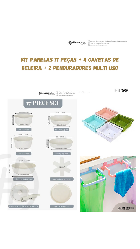 Kit Panelas 17 peças + 4 Gavetas de geleira + 2 Penduradores multiuso