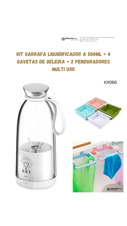 Kit Garrafa Liquidificadora 500ml + 4 gavetas + 2 penduradores