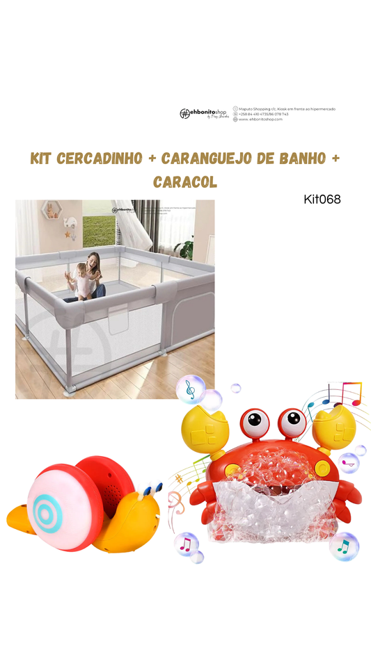 Kit Cercadinho + brinquedo Caranguejo de banho + Brinquedo caracol de puxar com musica e luzes