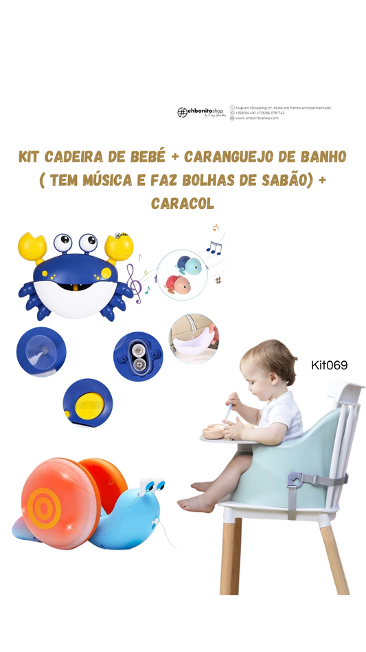 Kit cadeira de bebé + Brinquedo de Caranguejo + Brinquedo de Caracol de puxar com musica e luzes