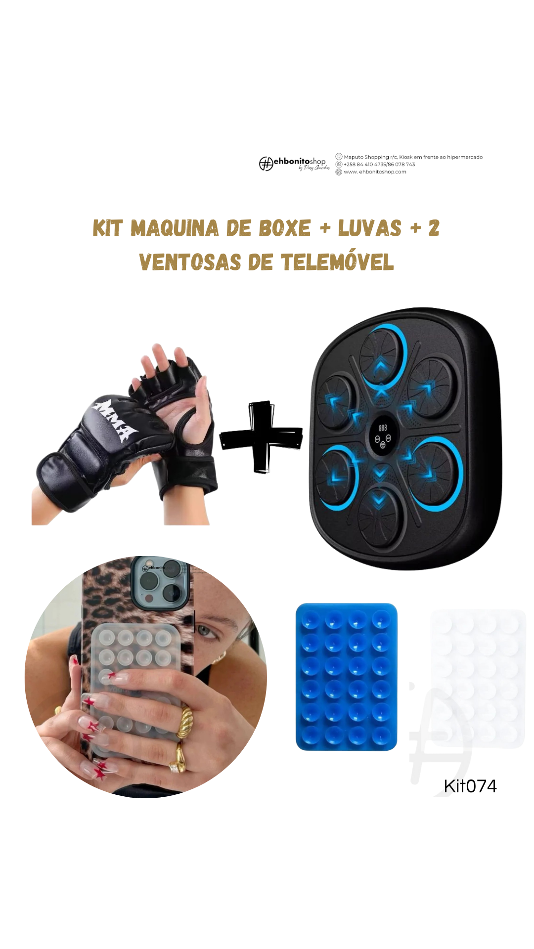 Kit Máquina de boxe + Luvas + 2 ventosas de telemóvel