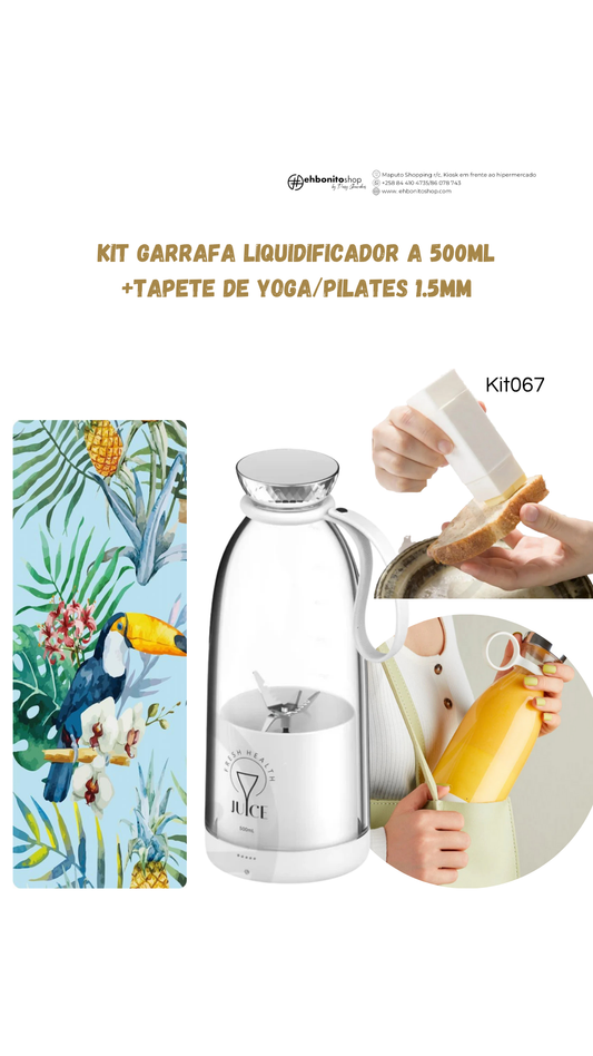 Kit Garrafa Liquidificadora 500ml + Tapete de yoga + Espalhador de manteiga