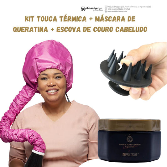 Kit Touca Térmica + Máscara de queratina +Escova Couro cabeludo