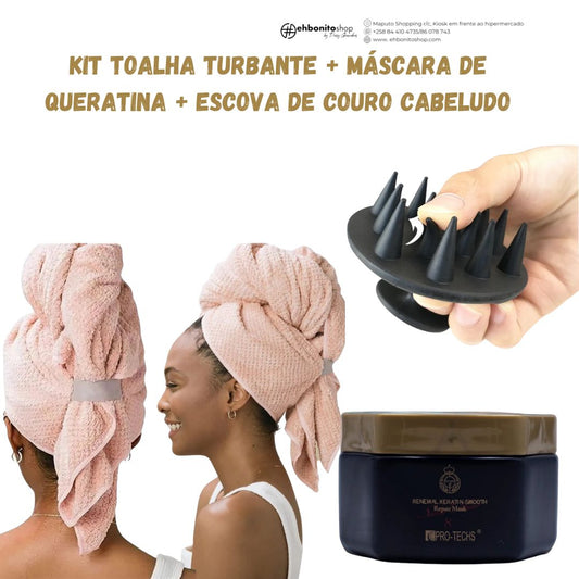 Kit Toalha Turbante + Máscara de queratina + Escova couro cabeludo -Malaika
