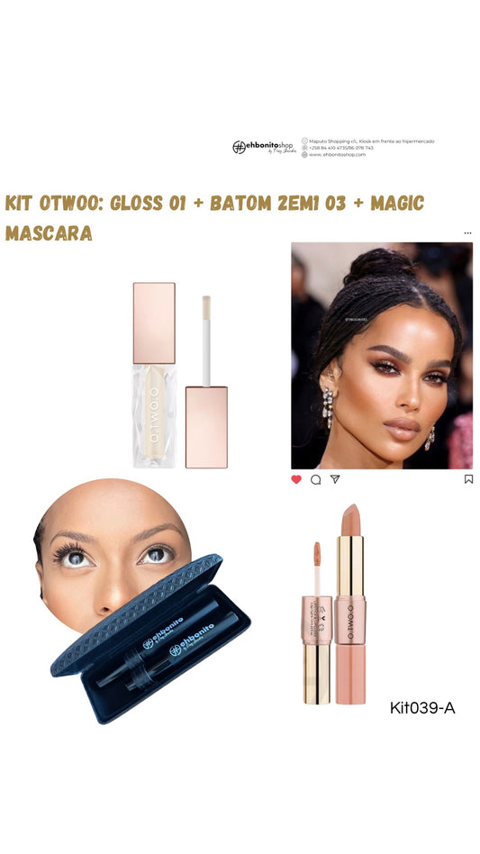 Kit Otwoo: Gloss 01 + Batom 2em1 03 + Magic mascara