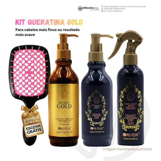 Kit PROTECHS 2 - QUERATINA PROTEÍNA GOLD + CREME DE PENTEAR + SPRAY PROTETOR TÉRMICO  Escova ( brinde)