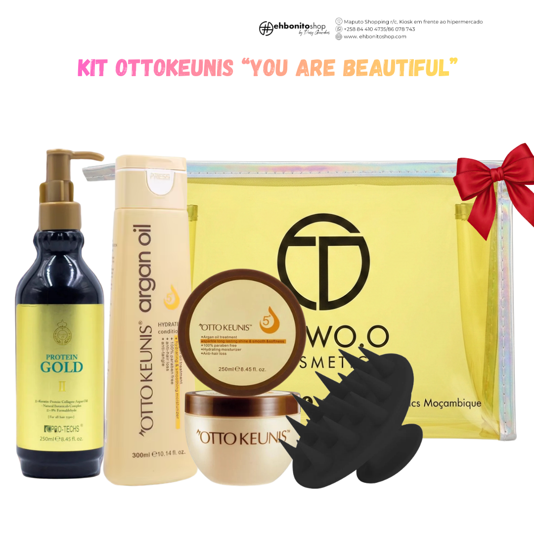 Kit Queratina Gold +Condicionador + Máscara de tratamento + Escova de Couro cabeludo ( anticaspa)+ Estojo PVA Multiuso