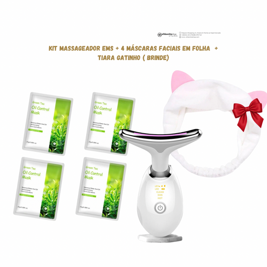 Kit Massageador EMS + 4 Máscaras em folha de chá verde ( para pele oleosa)+ Tiara Gatinho ( brinde)
