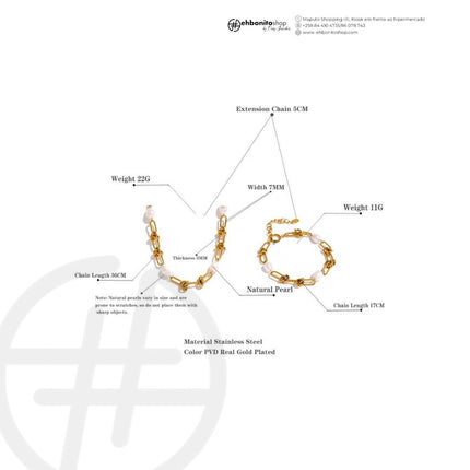 Nó de Pérolas - PULSEIRA E COLAR - CORRENTE EM NÓS E PÉROLAS banho Ouro 18k - EhbonitoshopMoz